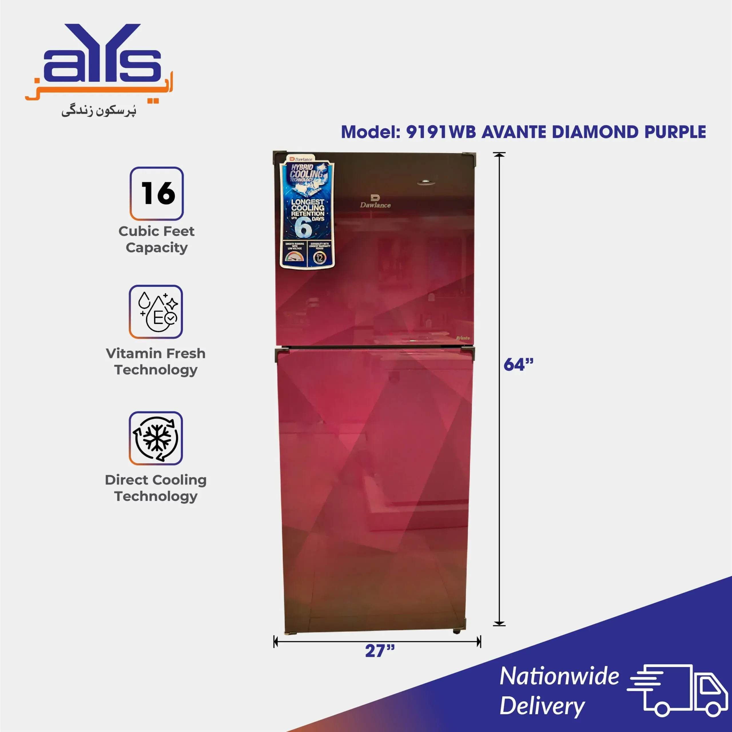 Dawlance 9191WB Avante Diamond Red Double Door Refrigerator